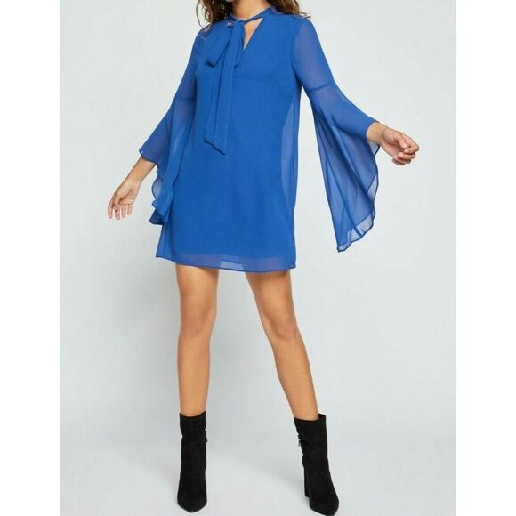 BCBGeneration Sz S NECK TIE A-LINE DRESS FLUTTER SLEEVE CHIFFON DRESS BLUE - Picture 2 of 13